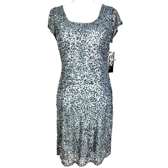 Sequin-Embellished Cap Sleeve Cocktail Dress 11 Sheath Mini Scoop Neckline Gray - Picture 1 of 10